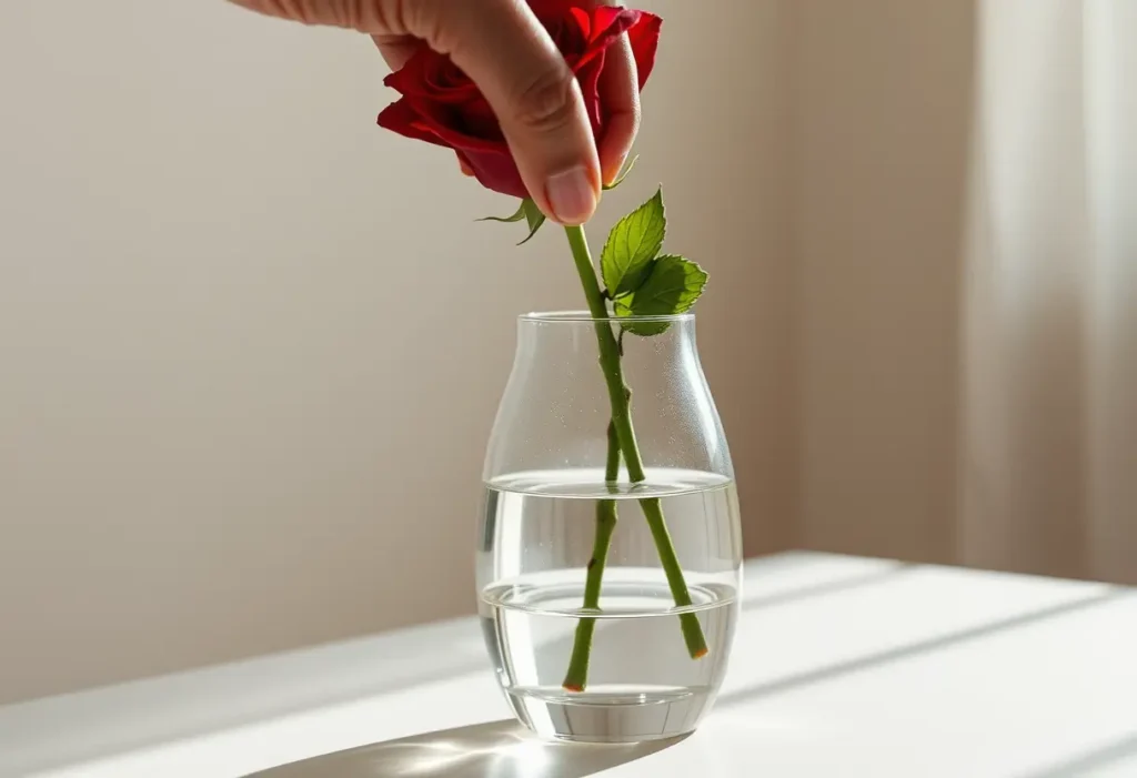 Une main dépose une rose rouge dans un vase en verre transparent, éclairé par la lumière naturelle.