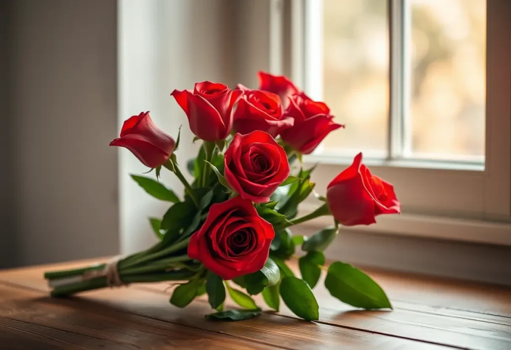 Bouquet de roses rouges sur une table, lumière du matin