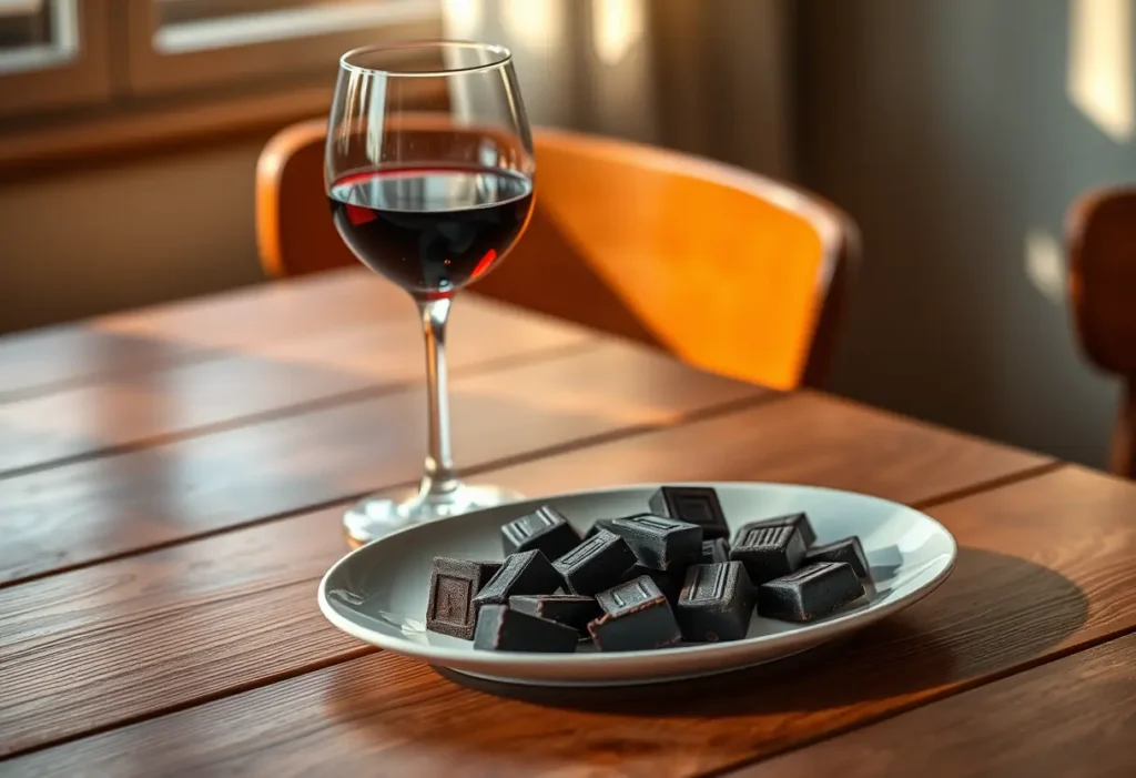 Un couvert avec deux verres de vin et des morceaux de chocolat sur une table en bois
