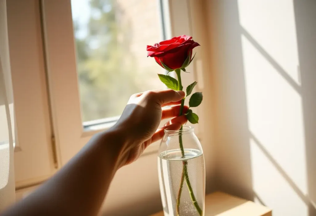 Une main posant une rose rouge dans un vase d'eau, éclairée par la lumière du soleil