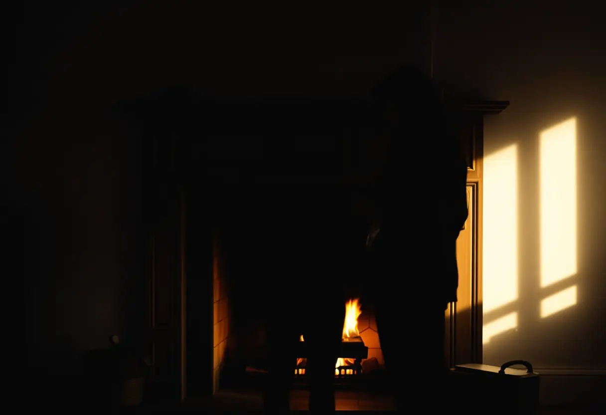 Un silhouetté devant une cheminée avec des flammes projetant une lumière chaude sur la tablette de bois