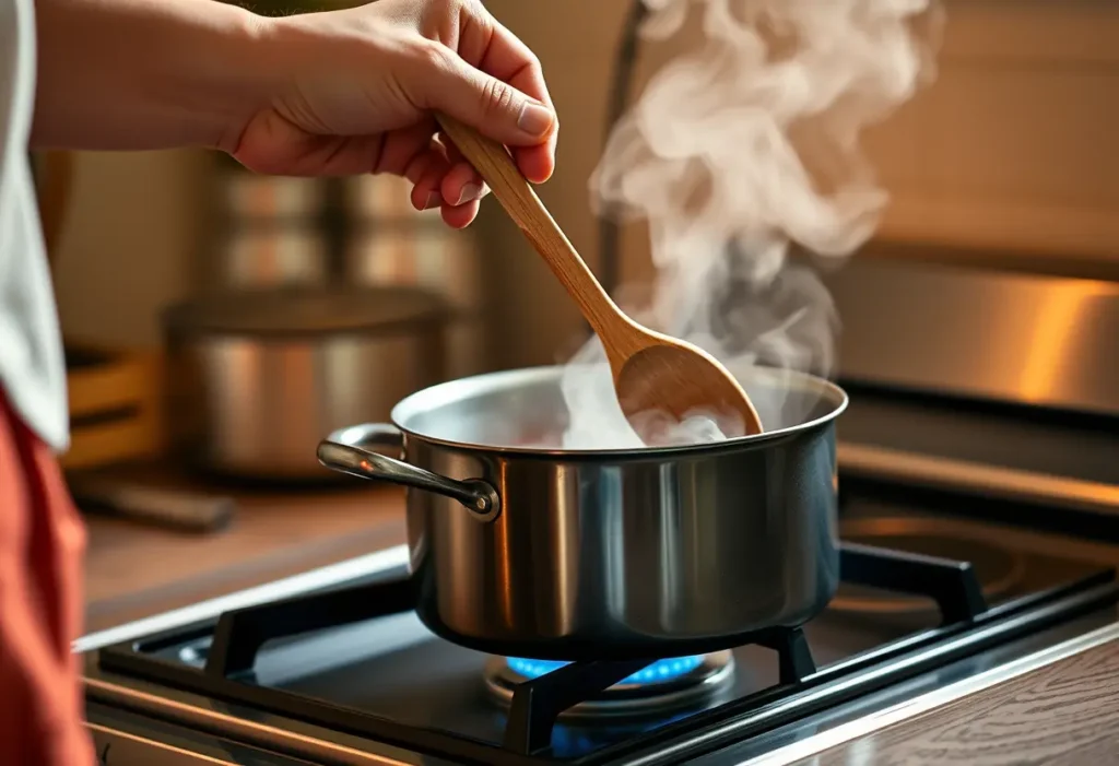 Une main féminine tenant une cuillère en bois au-dessus d'une marmite sur un fourneau, évoquant la préparation d'un repas chaleureux