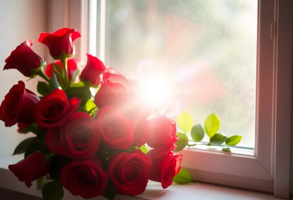 Un bouquet de roses rouges sur un rebord de fenêtre, éclairé par la lumière du soleil, symbolisant l'amour pour la Saint-Valentin