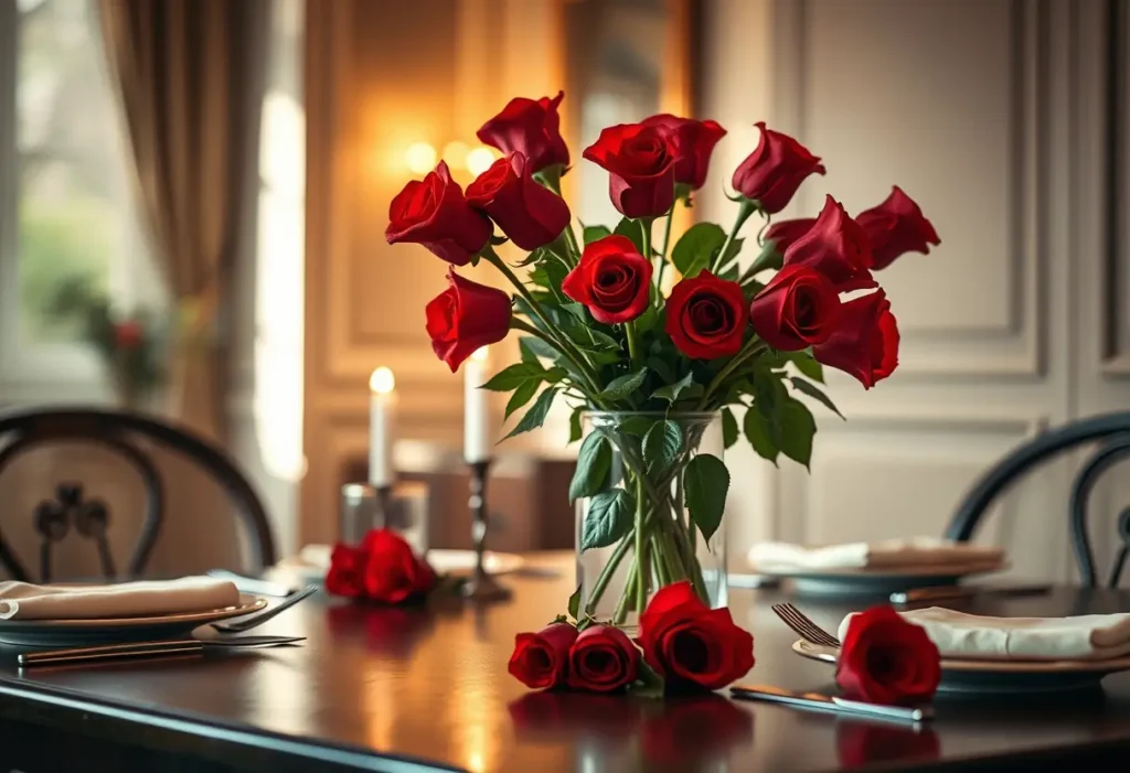Un vase de roses rouges sur une table dressée pour deux
