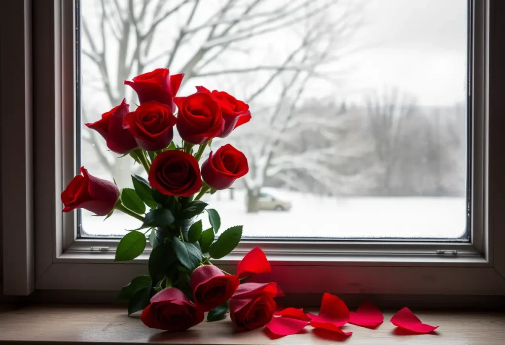 Un bouquet de roses rouges sur un rebord de fenêtre, symbolisant l'amour