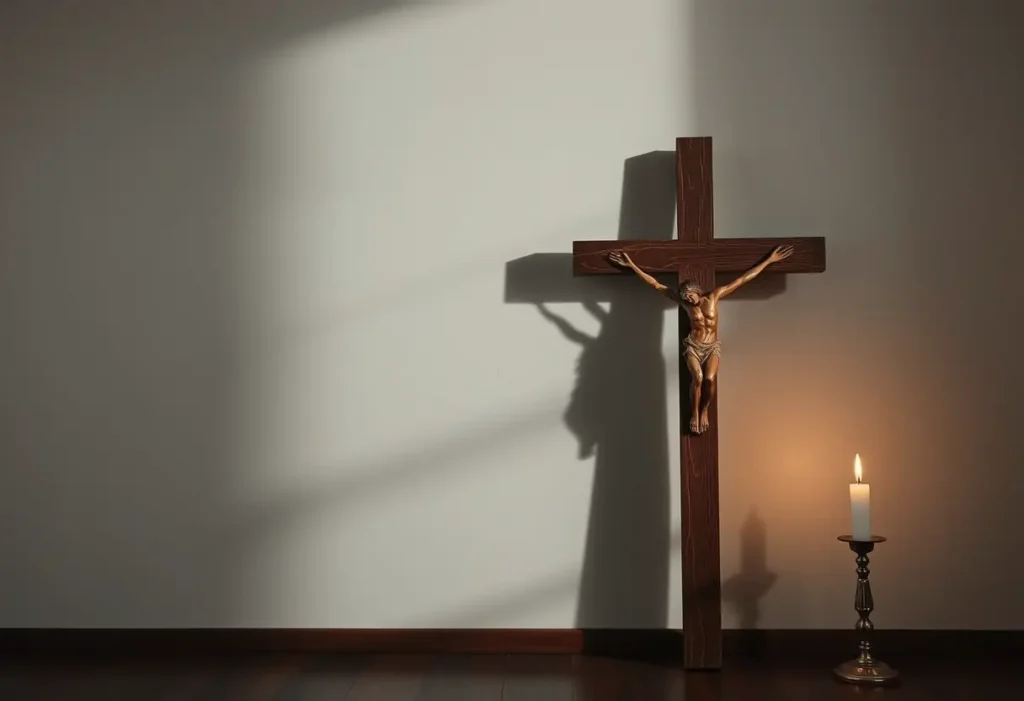 Un crucifix en bois sur un mur blanc éclairé par une bougie