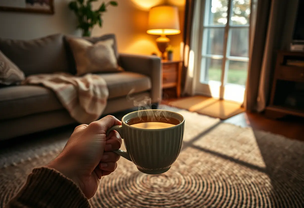Une main tenant une tasse de thé chaud sur un tapis tissé