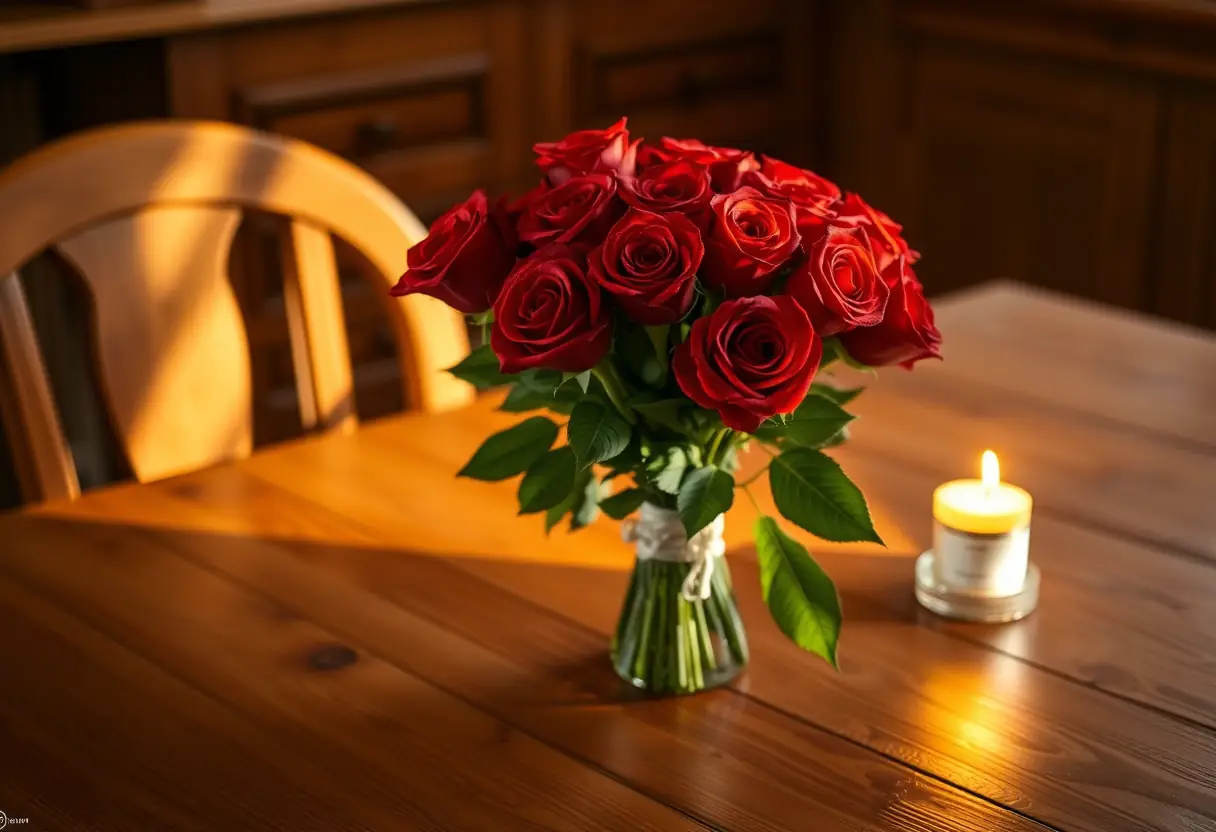 Bouquet de roses rouges sur une table de salle à manger, lumière naturelle chaude