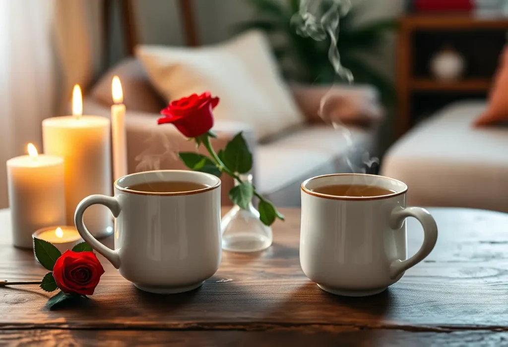 Un couvert romantique avec deux tasses de thé fumant et une rose rouge dans un salon chaleureux