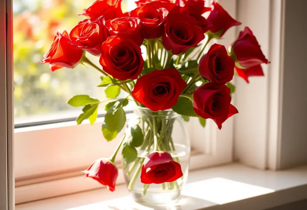 Un vase de roses rouges sur un rebord de fenêtre éclairé naturellement