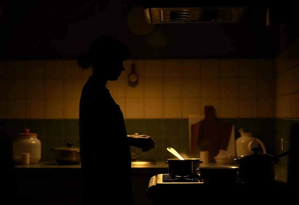 Un silhouetté prépare un repas dans une cuisine, éclairé par la lumière du plafond