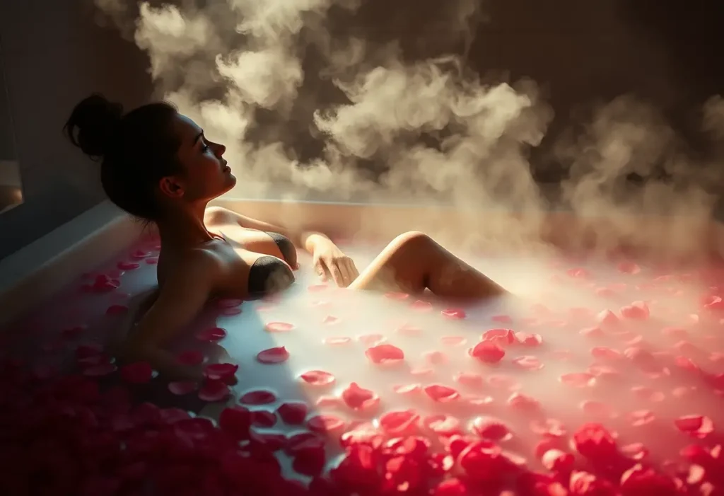 Une femme se détend dans une baignoire remplie de pétales de roses parfumées, créant une atmosphère sereine et apaisante