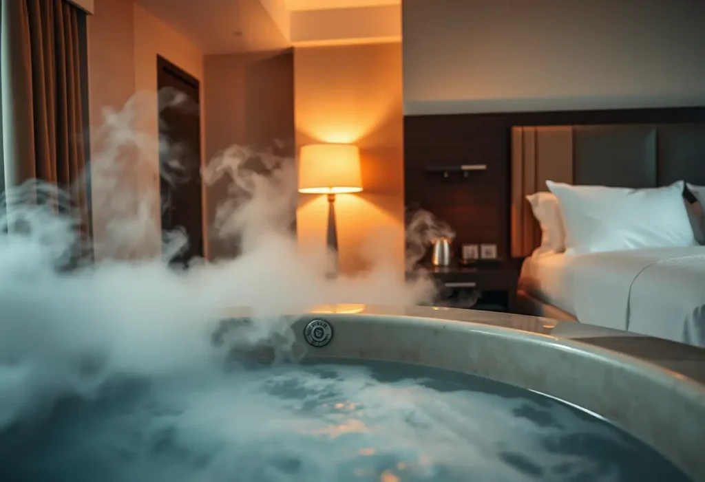Un lit douillet dans une chambre d'hôtel avec jacuzzi, la vapeur s'élevant de l'eau chaude