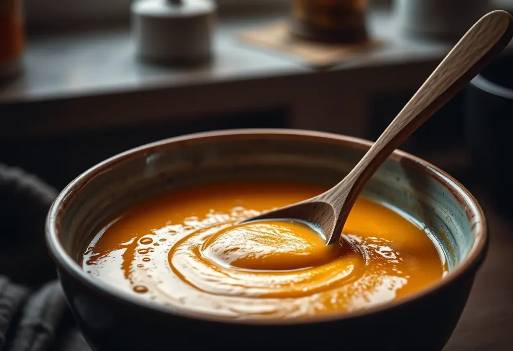 Une cuillère en bois mélange délicatement une soupe de butternut chaude et réconfortante
