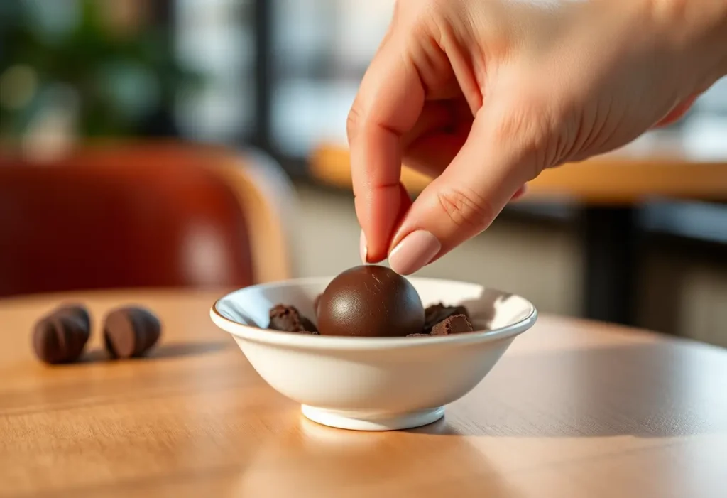 Une main pose une truffe de chocolat dans un plat en porcelaine blanche sur une table de café