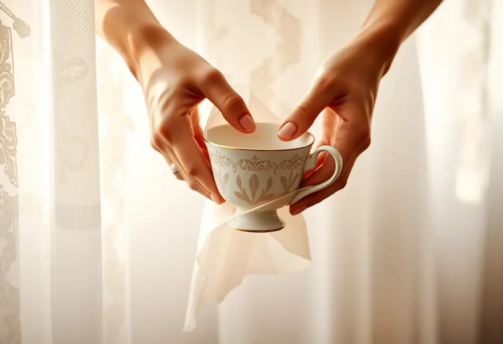 Des mains déballent délicatement une tasse de porcelaine, la lumière du matin filtre à travers un rideau dentelle, mettant en valeur la cérémonie partagée.