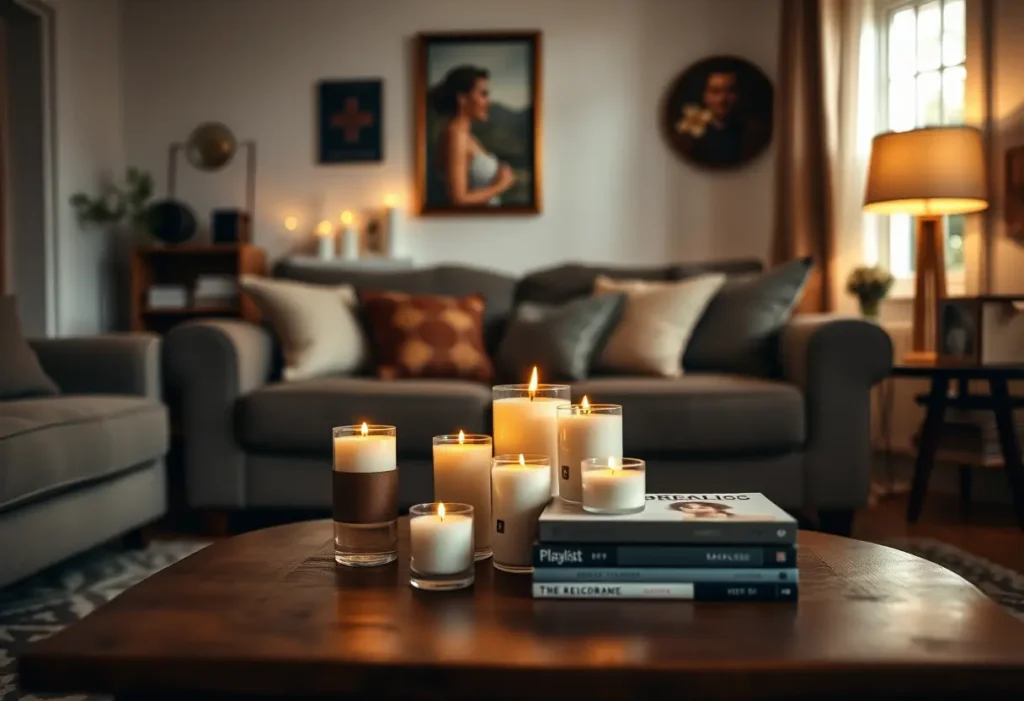 Un salon douillet avec une table basse en bois couverte de bougies et de playlists personnalisées