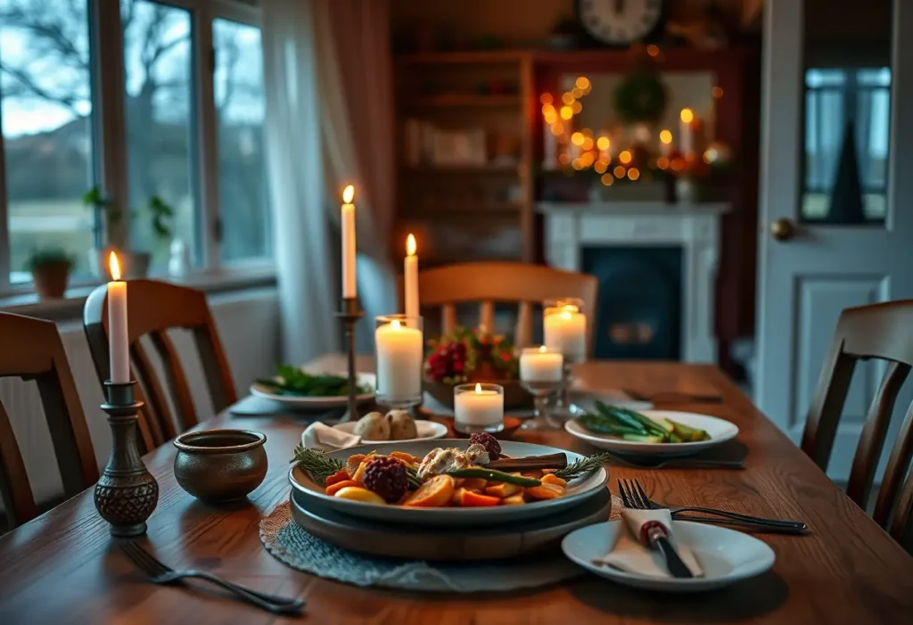Un repas romantique sur une table en bois éclairée par des bougies