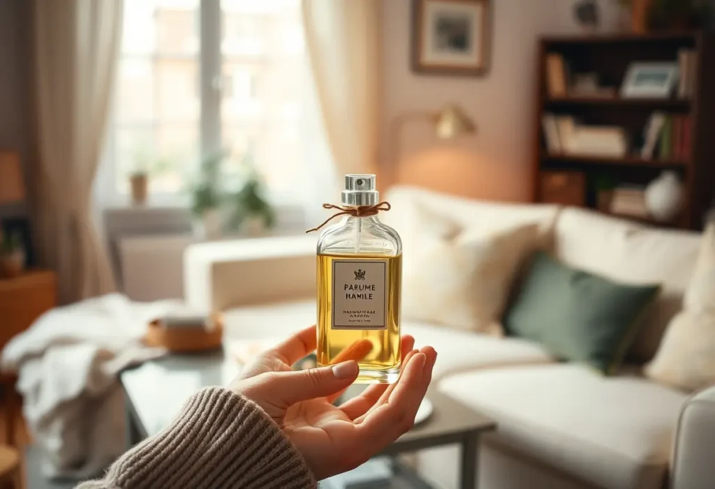 Deux mains tenant une bouteille de parfum maison, bien-être et partage