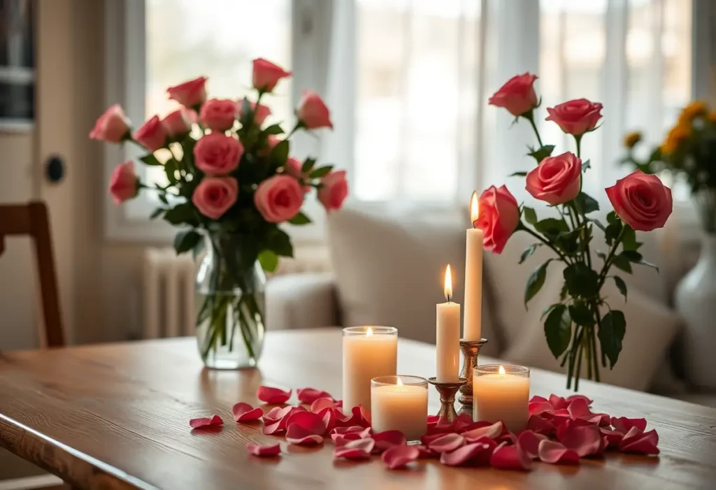 Un couvert romantique avec bougies et pétales de rose pour la Saint-Valentin