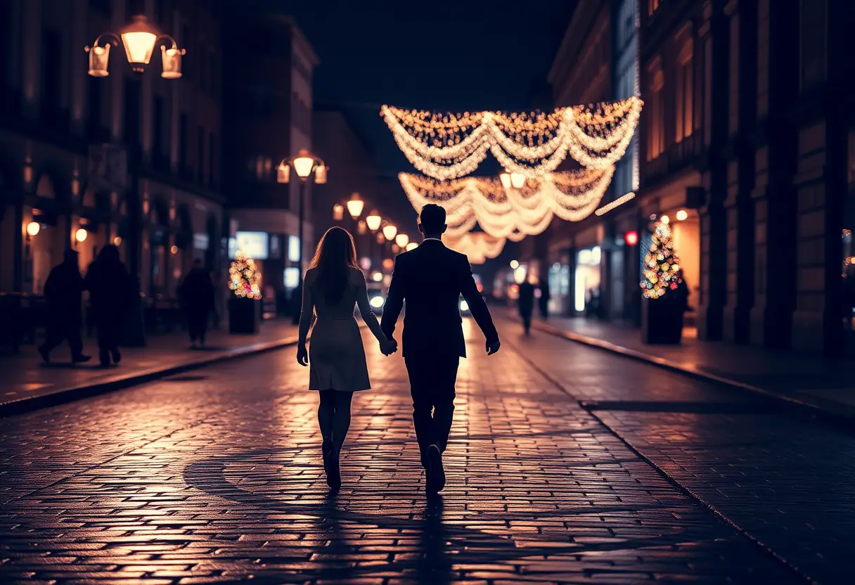 Un couple se promenant main dans la main dans une ville illuminée pour la Saint-Valentin