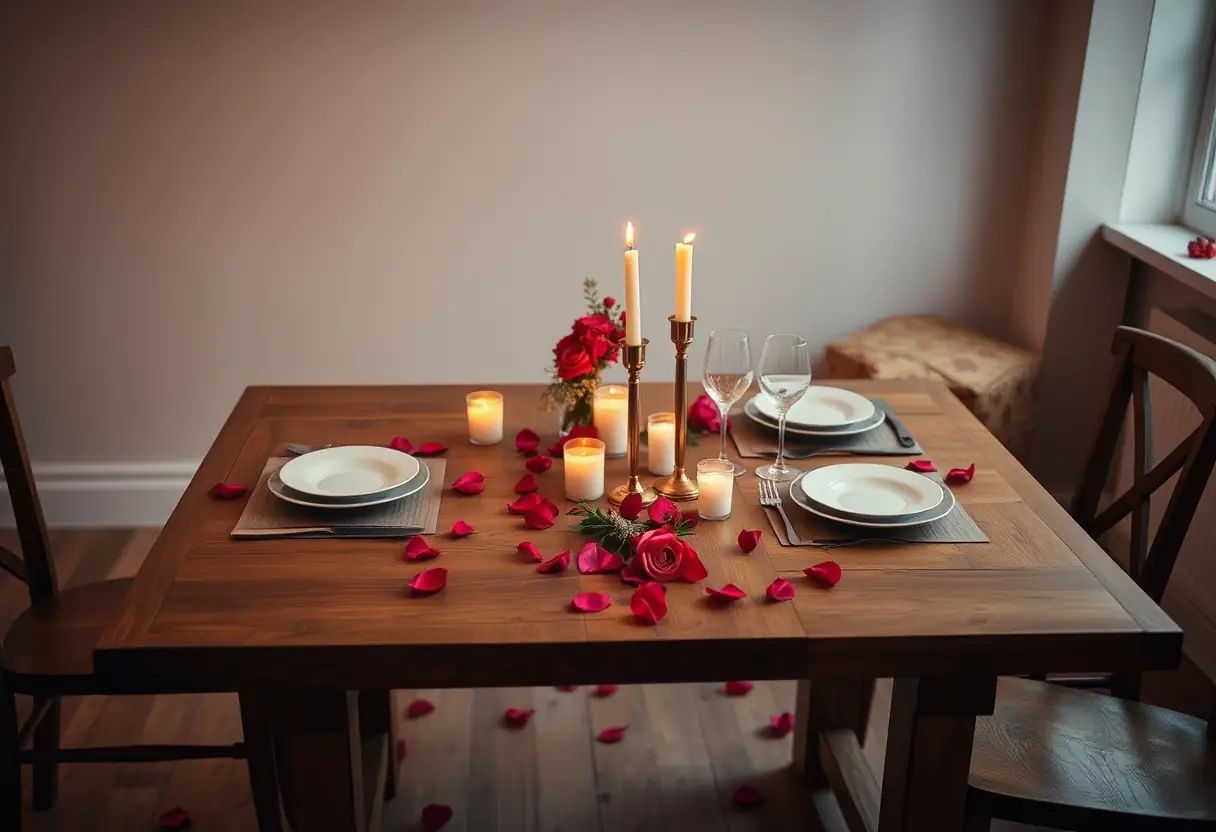 Un magnifique couvert pour deux avec des bougies allumées et des pétales de rose