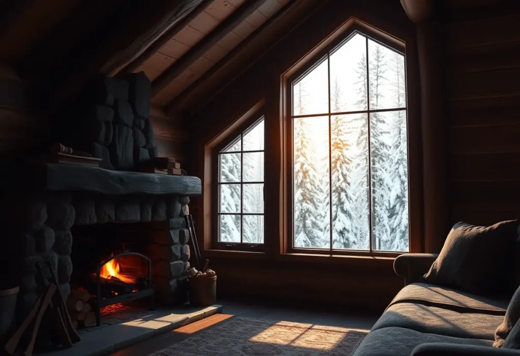 Une cabane de montagne avec un feu de bois projetant des ombres dans la pièce