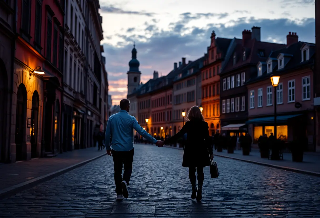 Deux silhouettes marchant main dans la main dans les rues d'une ville historique
