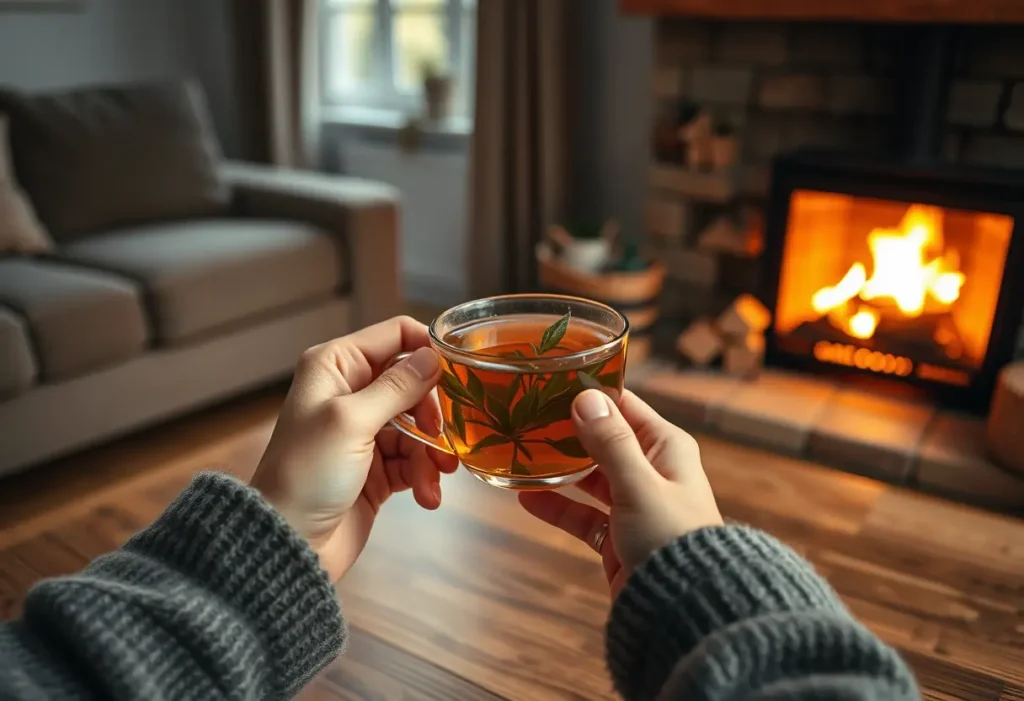 Des mains tenant une tasse de thé herbeux dans un salon accueillant éclairé par une cheminée.