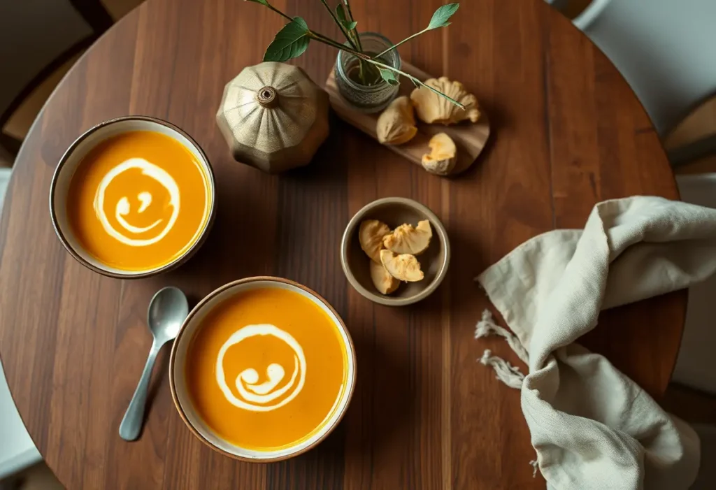 Table dressée pour deux avec des bols de soupe veloutée aux courges et à la noix de coco