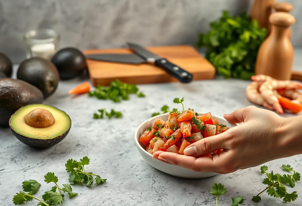 Comptoir de cuisine avec ingrédients pour préparer une entrée raffinée