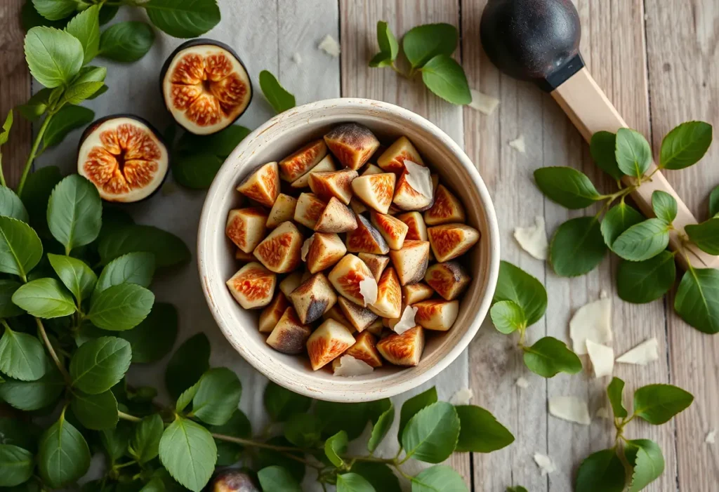 Un plateau de carpentier garni de figues fraîchement découpées et de copeaux de parmesan