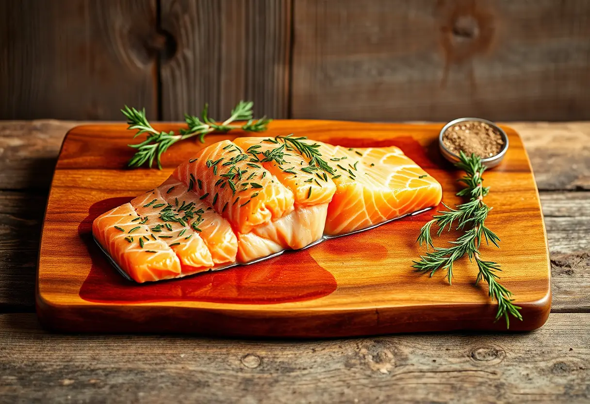 Un plateau de découpe en bois avec un pavé de saumon frais et couvert d'herbes