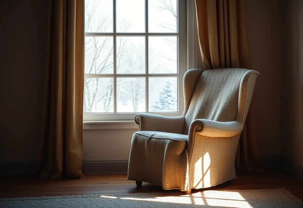 Un fauteuil moelleux près d'une fenêtre qui donne sur un paysage neigeux, éclairé par la lumière chaude du jour.