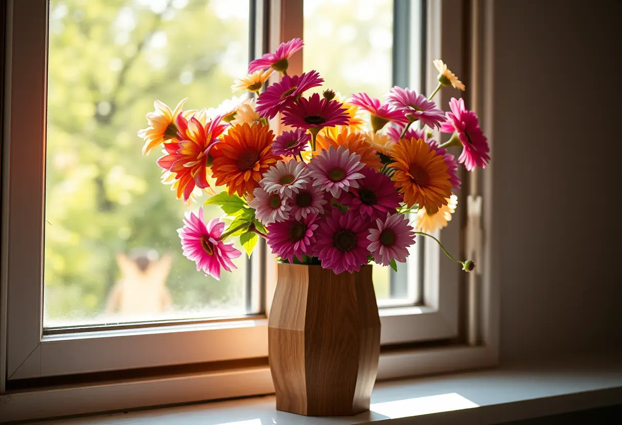 Un vase en bois rempli de fleurs fraîches sur un rebord de fenêtre