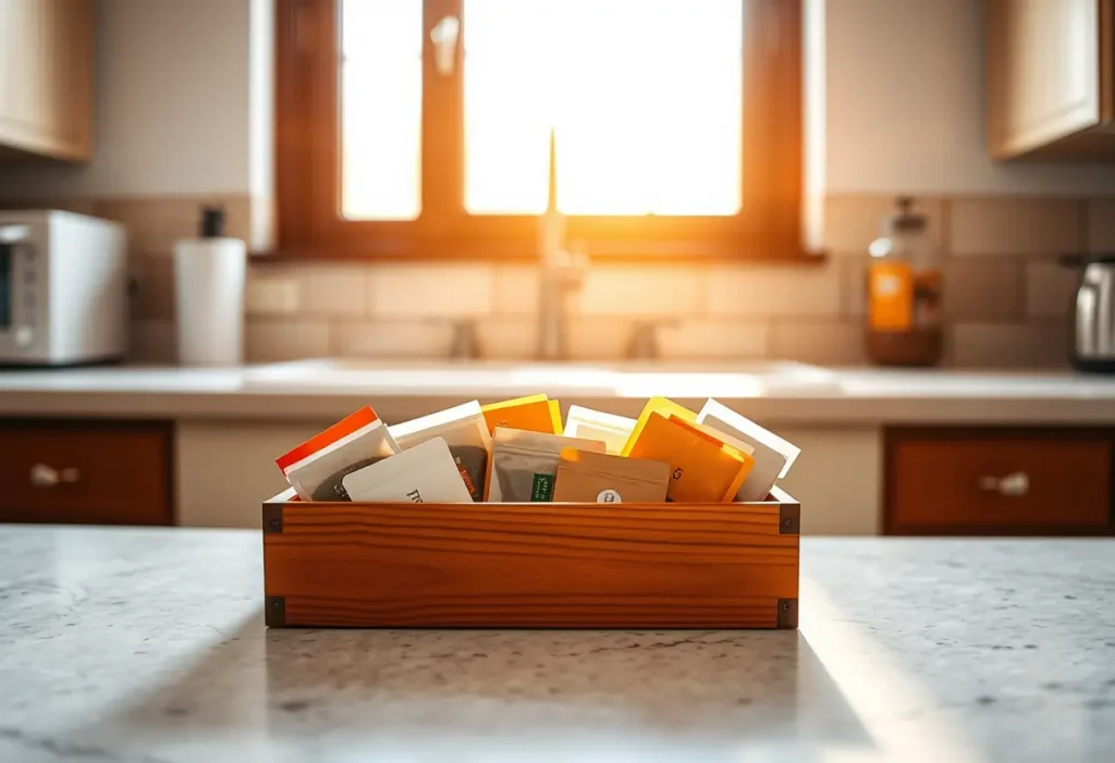 Boîte en bois avec des sachets de thé sur un plan de travail de cuisine éclairé par la lumière du soleil