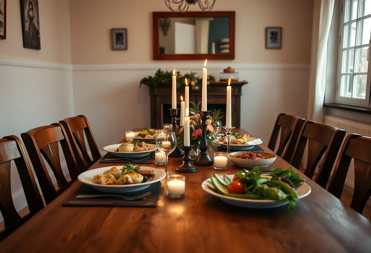Un magnifique repas aux chandelles sur une table de bois pour deux personnes