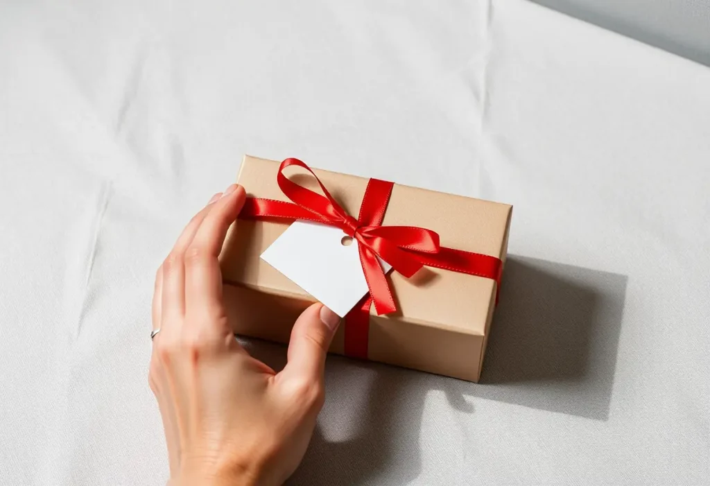 Une main enveloppe délicatement un cadeau emballé pour la Saint-Valentin.