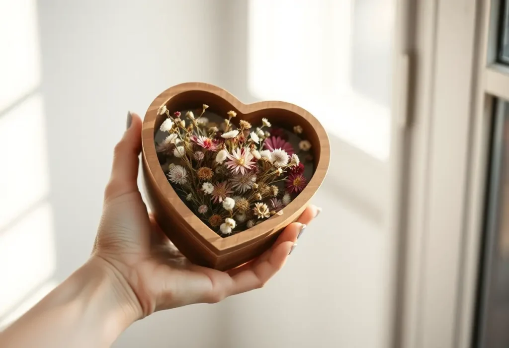 Une main féminine tenant une boîte en bois ornée de fleurs sèches, lumière naturelle