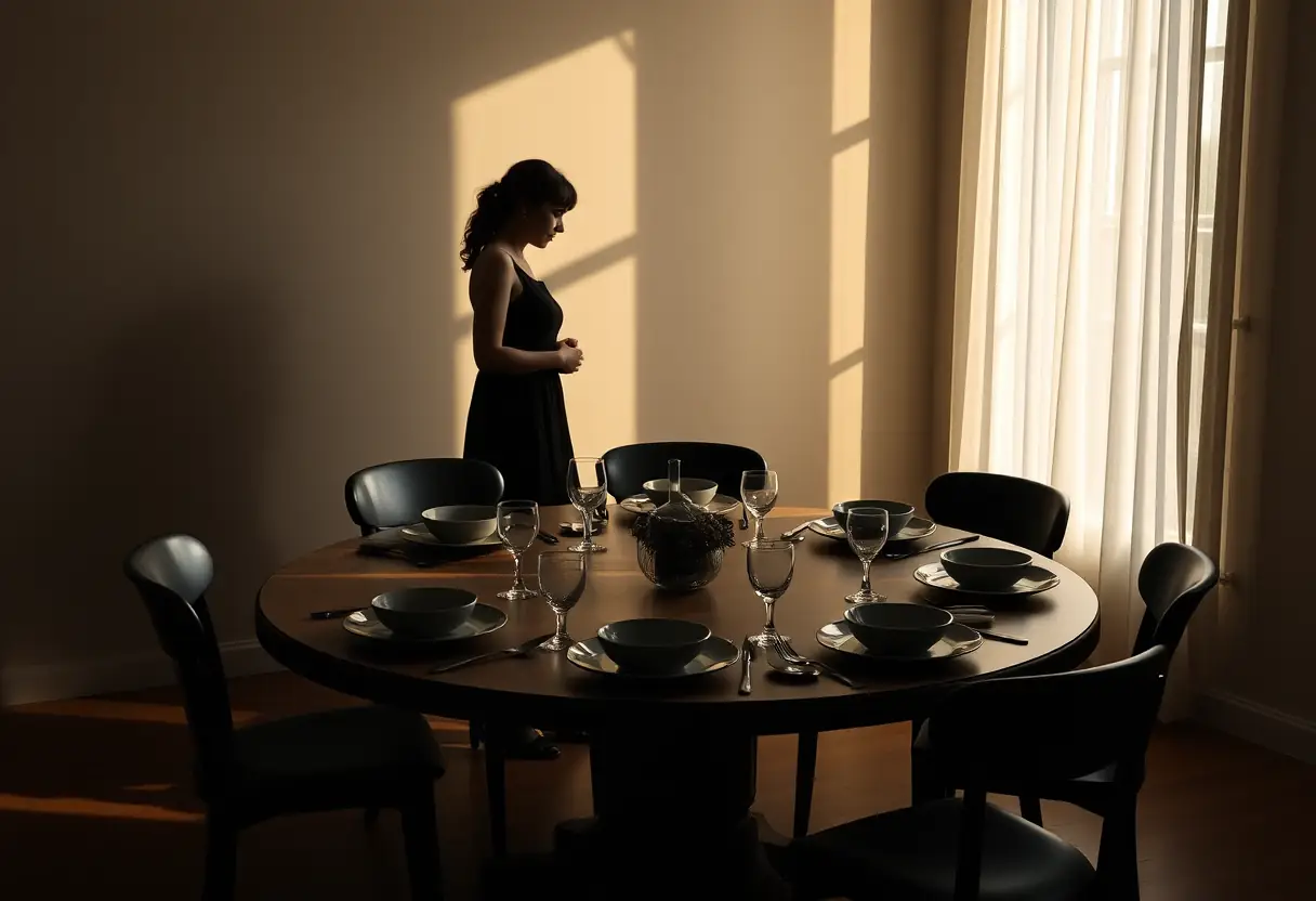 Un profil flou d'une femme près d'une table à manger chargée de vaisselle, lumière du soir