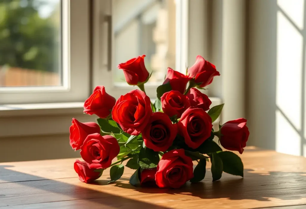 Un bouquet de roses rouges sur une table de bois au petit matin, rappelant l'amour et la tendresse.