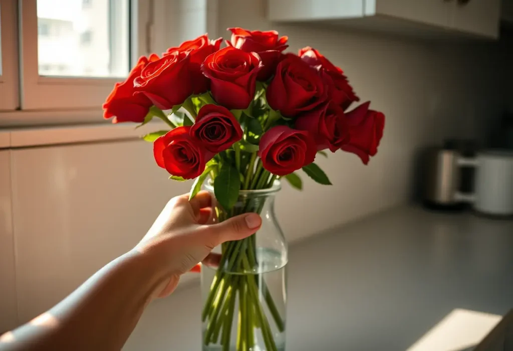 Des roses rouges sont disposées dans un vase de verre clair sur un comptoir de cuisine