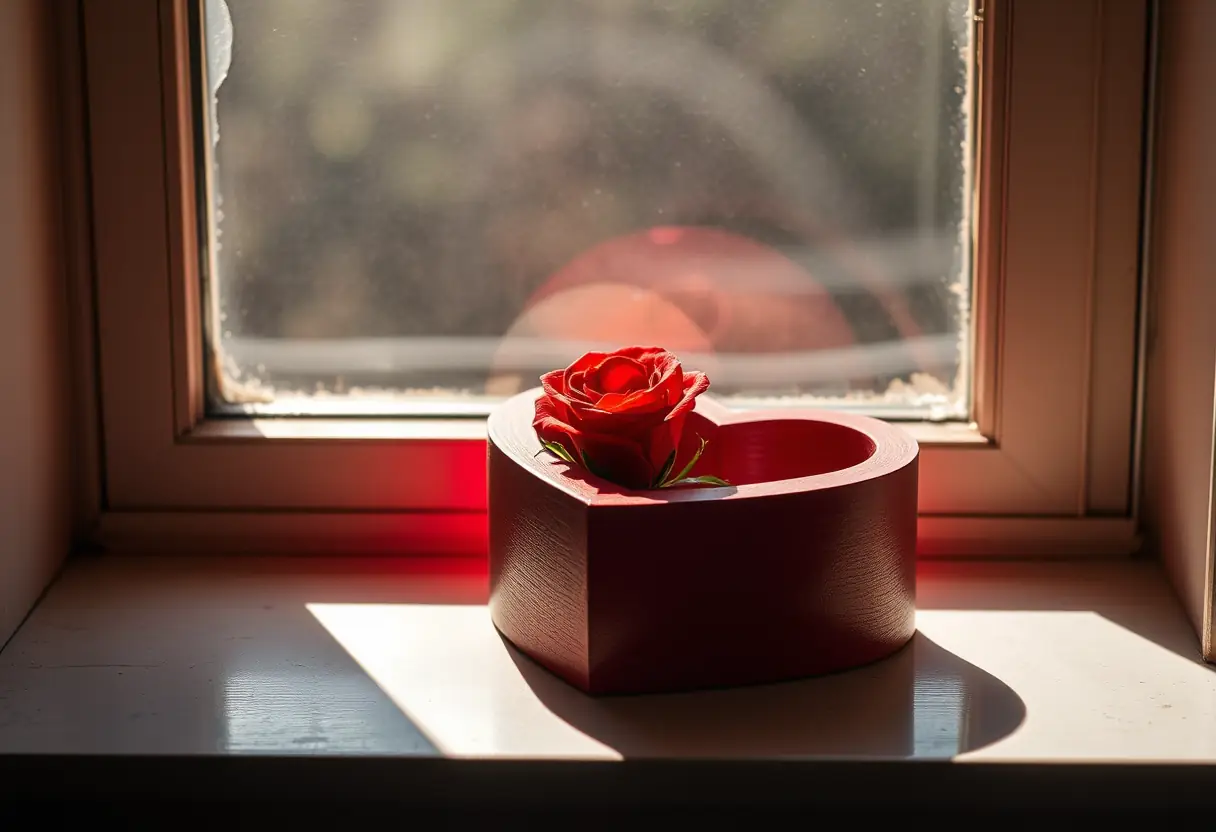 Une boîte en bois avec un cœur rouge sur un rebord de fenêtre, éclairée par la lumière du jour. La Saint-Valentin et l'amour.