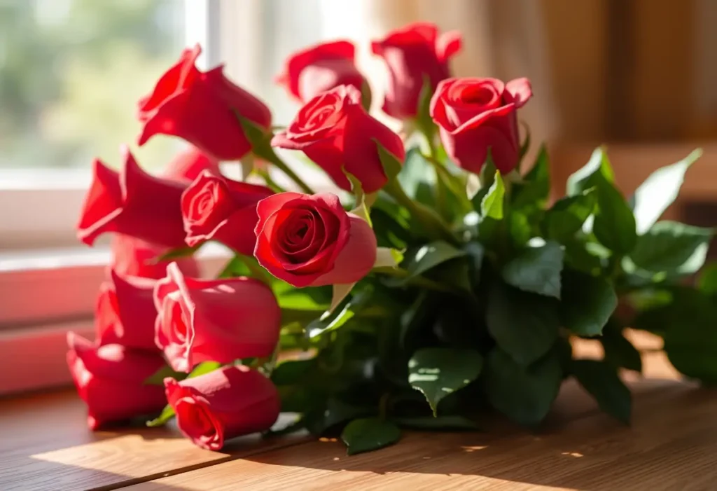 Bouquet de roses rouges sur une table en bois, éclairées par la lumière du jour