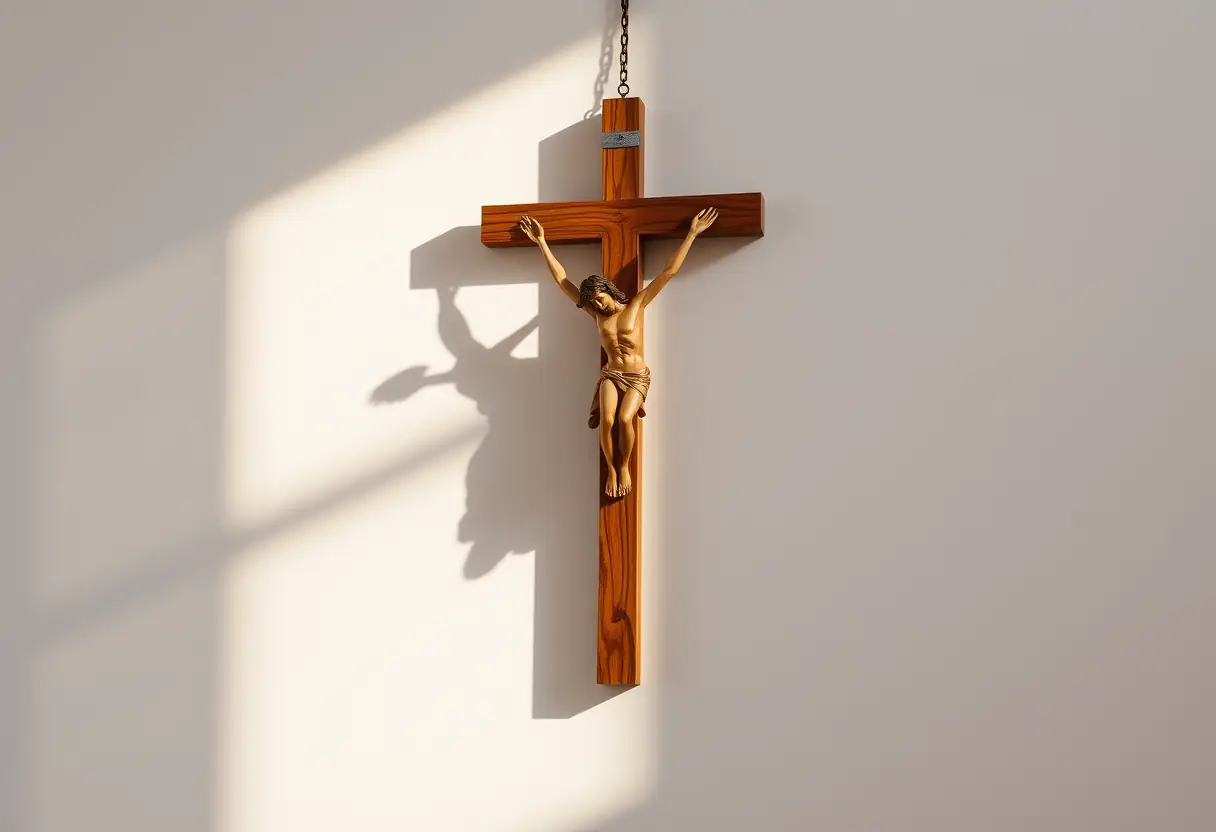 Croix en bois accrochée à un mur, éclairée par le soleil du soir