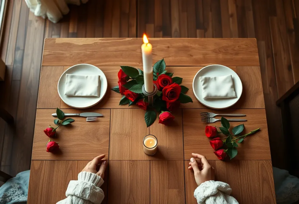 Table dressée pour deux avec des roses rouges, lumière tamisée, évoquant l'amour et la Saint-Valentin.