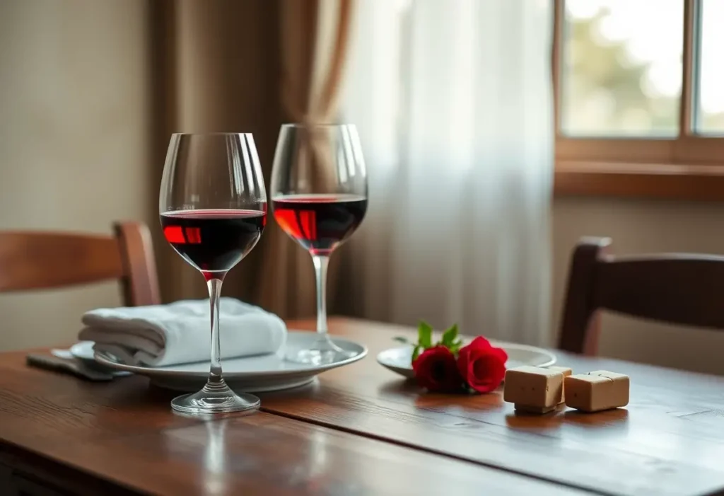 Table dressée pour deux avec des verres de vin rouges, symbolisant l'amour et la complicité