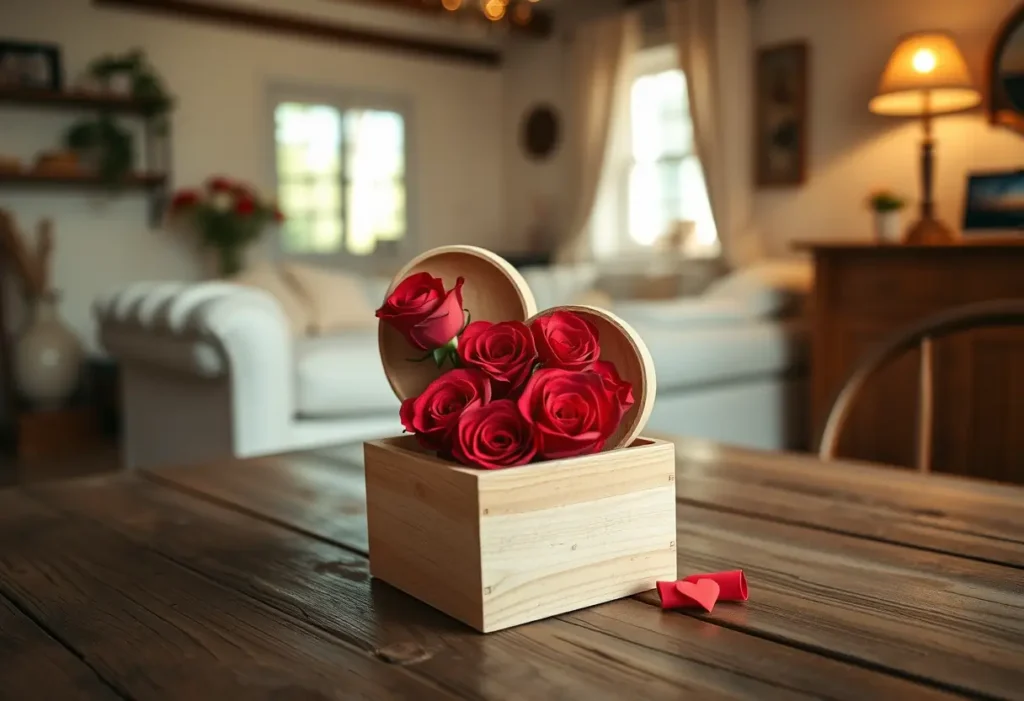 Un coffret en bois sculpté en forme de cœur sur une table rustique, dans un intérieur accueillant, éclairé par une lumière tamisée