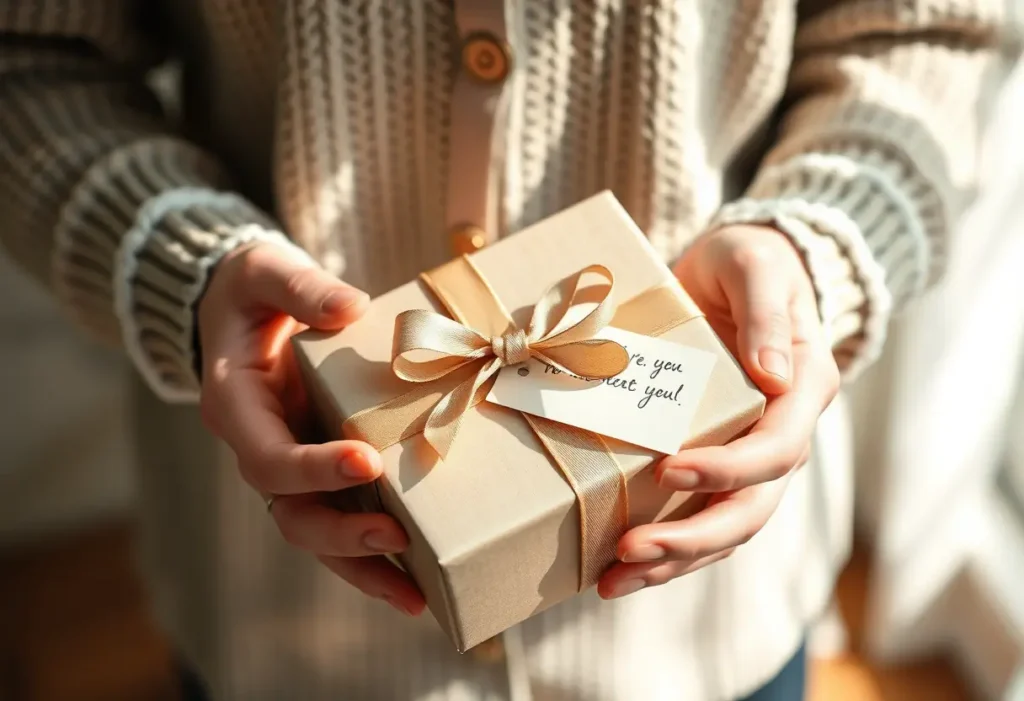 Des mains qui emballent délicatement un cadeau avec un ruban, une note personnelle est ajoutée