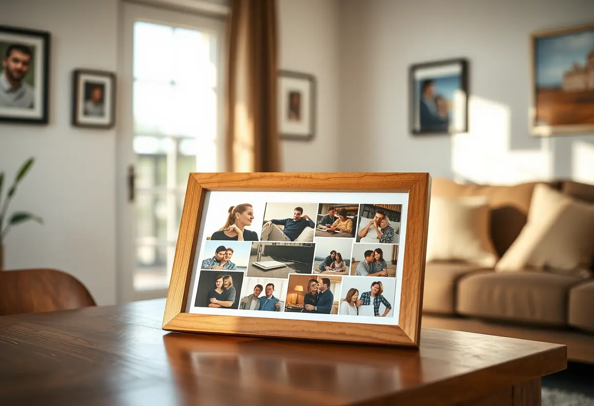 Cadre photo en bois rempli de souvenirs chers sur une table de salon